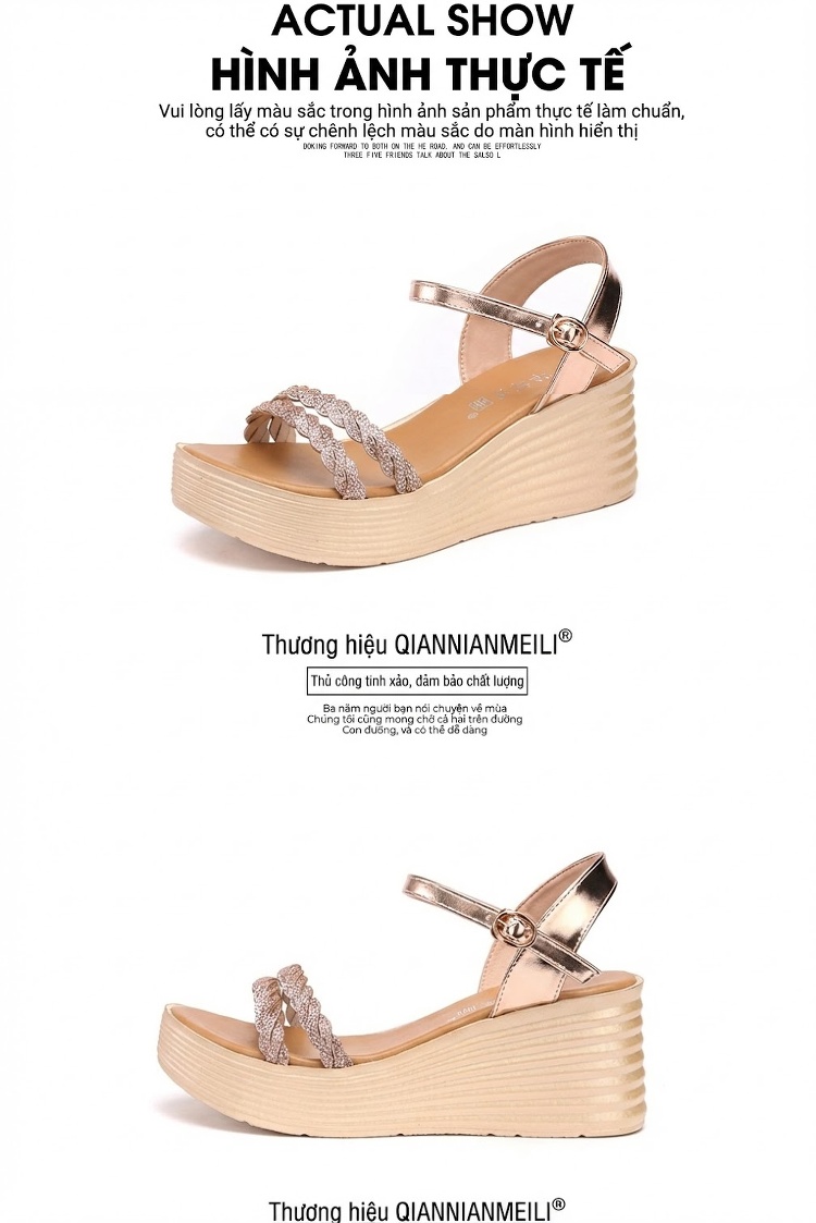 Dép Sandal Nữ Đế Xuồng Quai Ngang Đính Đá Đế Cao 5cm - 6cm Màu Vàng, Đen chi tiết 16