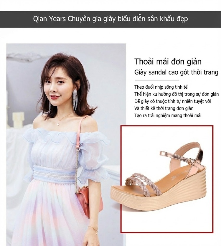 Dép Sandal Nữ Đế Xuồng Quai Ngang Đính Đá Đế Cao 5cm - 6cm Màu Vàng, Đen chi tiết 2