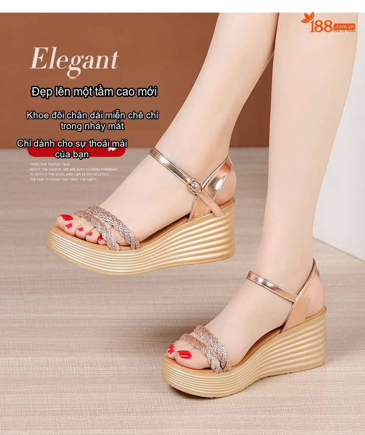 Dép Sandal Nữ Đế Xuồng Quai Ngang Đính Đá Đế Cao 5cm - 6cm Màu Vàng, Đen chi tiết 3