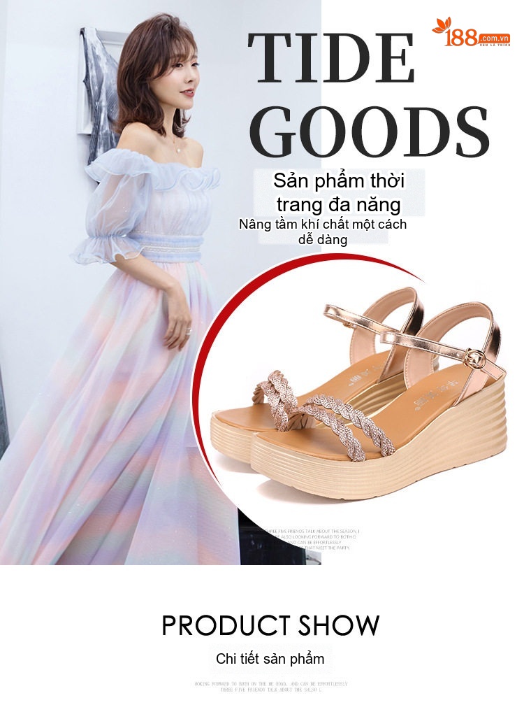 Dép Sandal Nữ Đế Xuồng Quai Ngang Đính Đá Đế Cao 5cm - 6cm Màu Vàng, Đen chi tiết 6