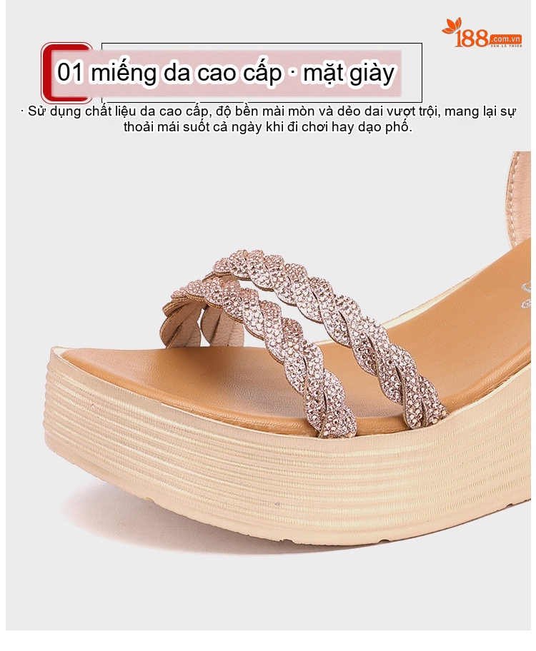 Dép Sandal Nữ Đế Xuồng Quai Ngang Đính Đá Đế Cao 5cm - 6cm Màu Vàng, Đen chi tiết 7