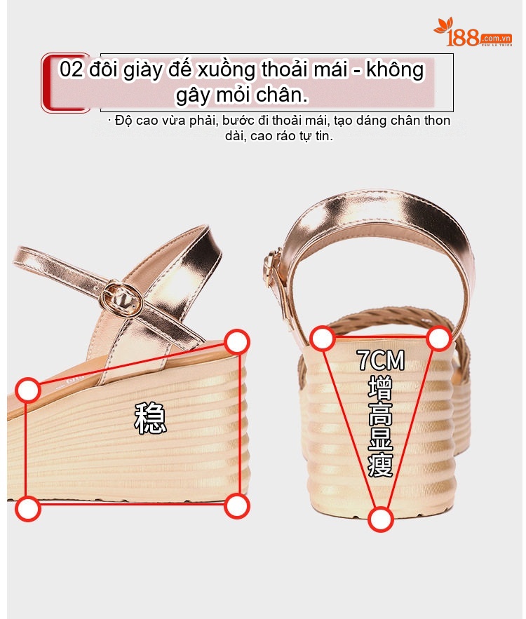 Dép Sandal Nữ Đế Xuồng Quai Ngang Đính Đá Đế Cao 5cm - 6cm Màu Vàng, Đen chi tiết 8