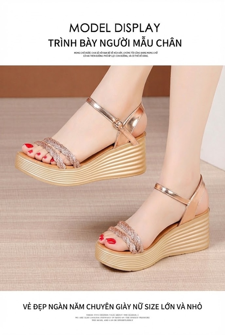 Dép Sandal Nữ Đế Xuồng Quai Ngang Đính Đá Đế Cao 5cm - 6cm Màu Vàng, Đen chi tiết 10
