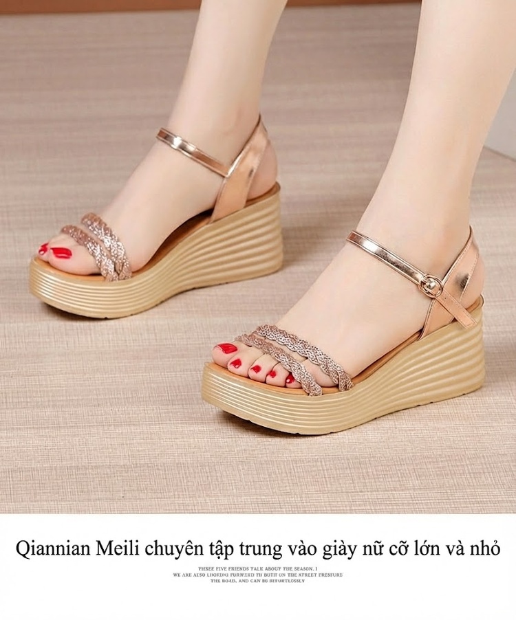 Dép Sandal Nữ Đế Xuồng Quai Ngang Đính Đá Đế Cao 5cm - 6cm Màu Vàng, Đen chi tiết 11