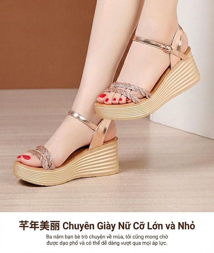 Dép Sandal Nữ Đế Xuồng Quai Ngang Đính Đá Đế Cao 5cm - 6cm Màu Vàng, Đen chi tiết 13