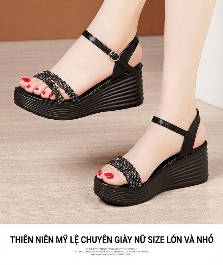 Dép Sandal Nữ Đế Xuồng Quai Ngang Đính Đá Đế Cao 5cm - 6cm Màu Vàng, Đen chi tiết 14