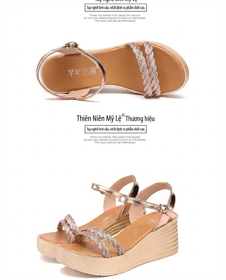 Dép Sandal Nữ Đế Xuồng Quai Ngang Đính Đá Đế Cao 5cm - 6cm Màu Vàng, Đen chi tiết 17