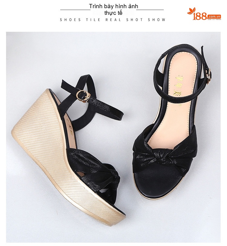 Giày Sandal Cao Gót Nữ Quai Chéo Nơ Bướm Đế Xuồng Gót Cao 8cm Màu Vàng Gold, Đen chi tiết 13