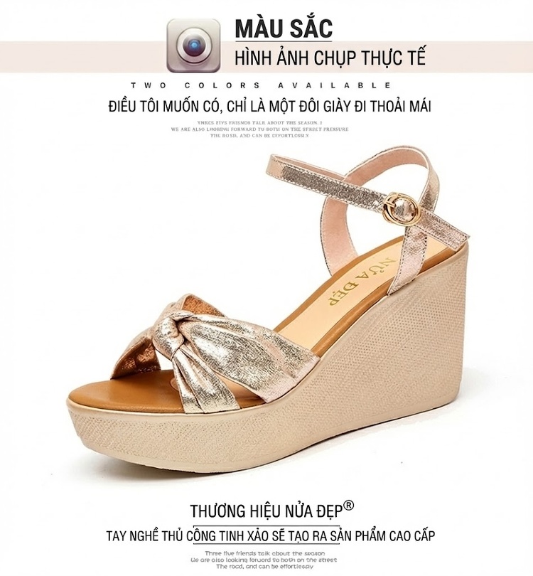 Giày Sandal Cao Gót Nữ Quai Chéo Nơ Bướm Đế Xuồng Gót Cao 8cm Màu Vàng Gold, Đen chi tiết 15
