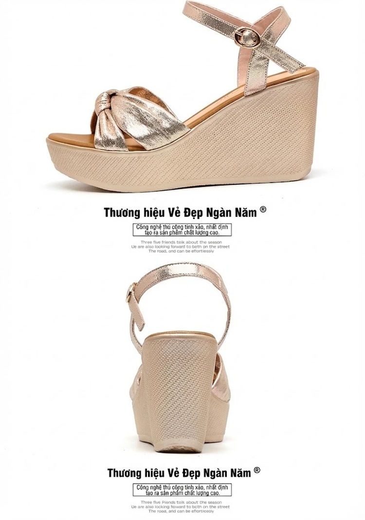 Giày Sandal Cao Gót Nữ Quai Chéo Nơ Bướm Đế Xuồng Gót Cao 8cm Màu Vàng Gold, Đen chi tiết 16