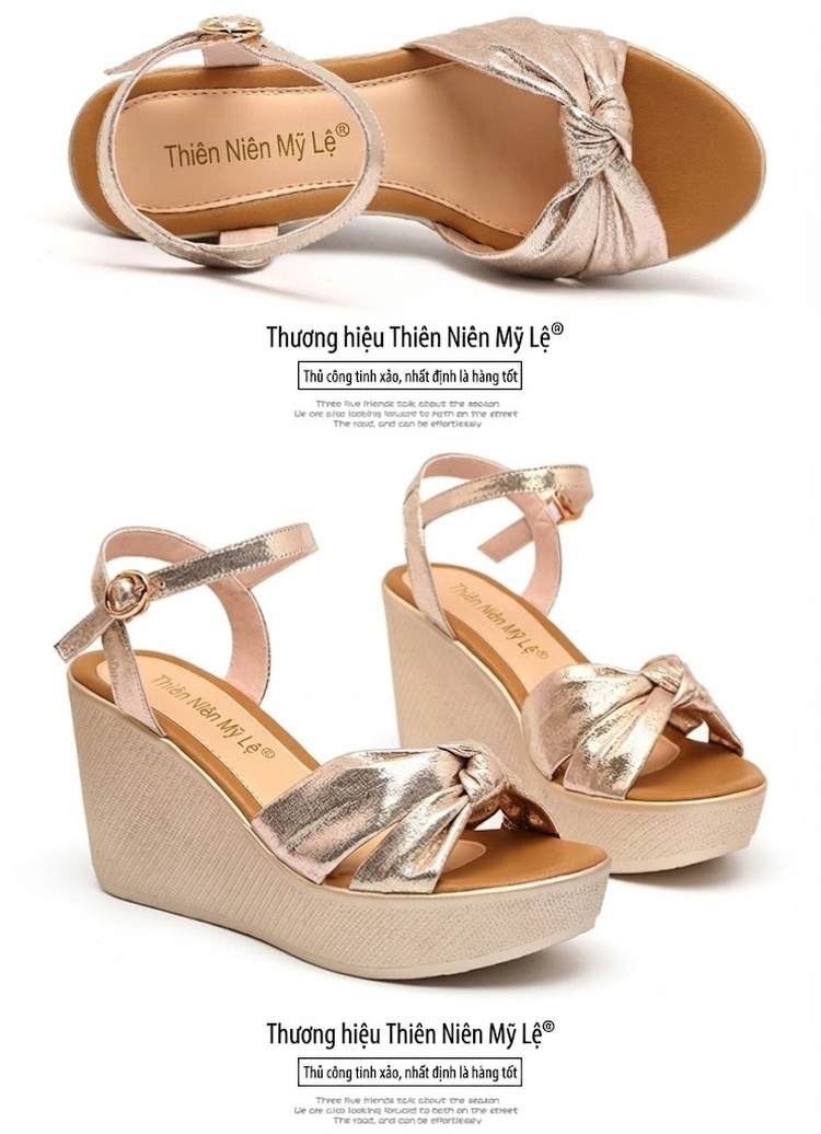 Giày Sandal Cao Gót Nữ Quai Chéo Nơ Bướm Đế Xuồng Gót Cao 8cm Màu Vàng Gold, Đen chi tiết 17