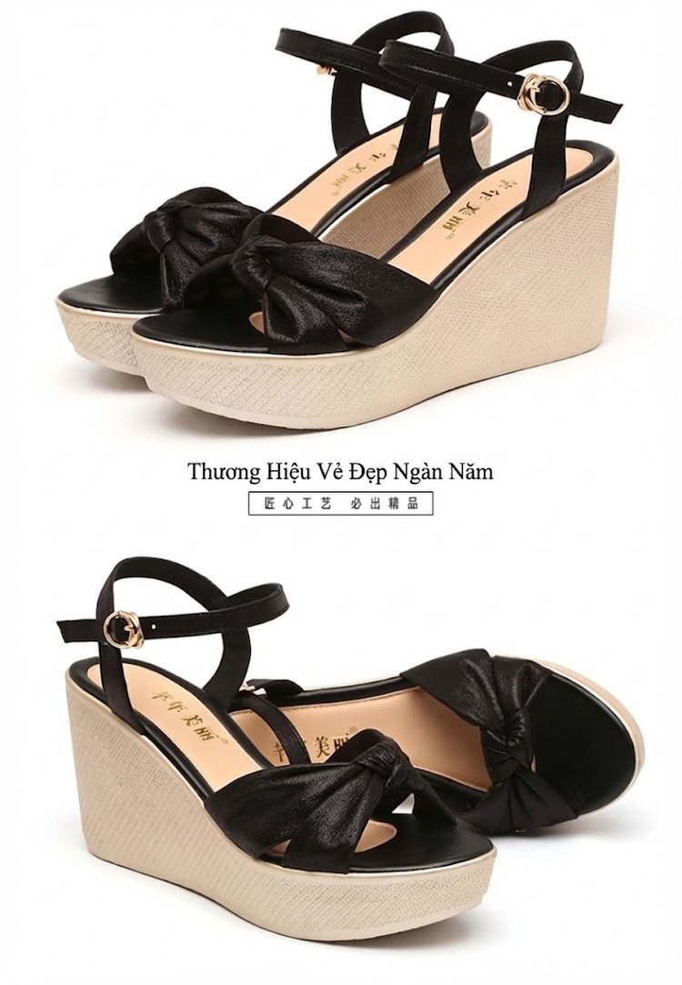 Giày Sandal Cao Gót Nữ Quai Chéo Nơ Bướm Đế Xuồng Gót Cao 8cm Màu Vàng Gold, Đen chi tiết 18