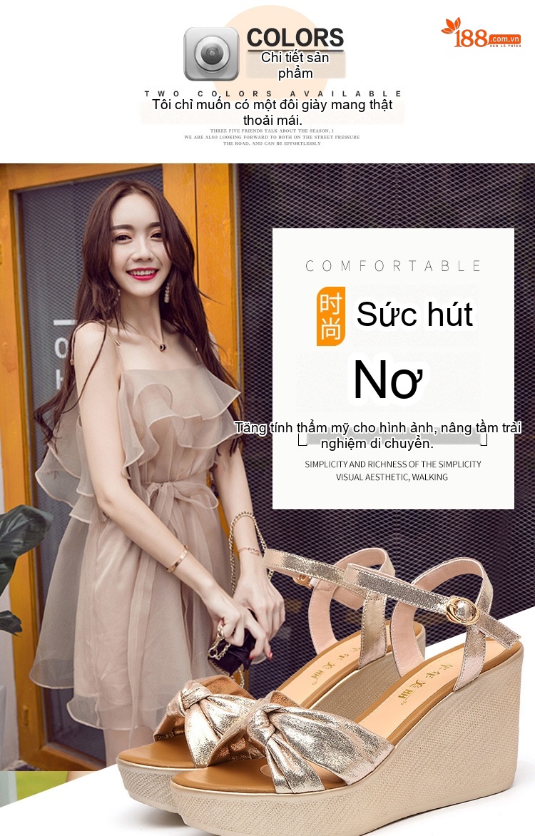 Giày Sandal Cao Gót Nữ Quai Chéo Nơ Bướm Đế Xuồng Gót Cao 8cm Màu Vàng Gold, Đen chi tiết 3