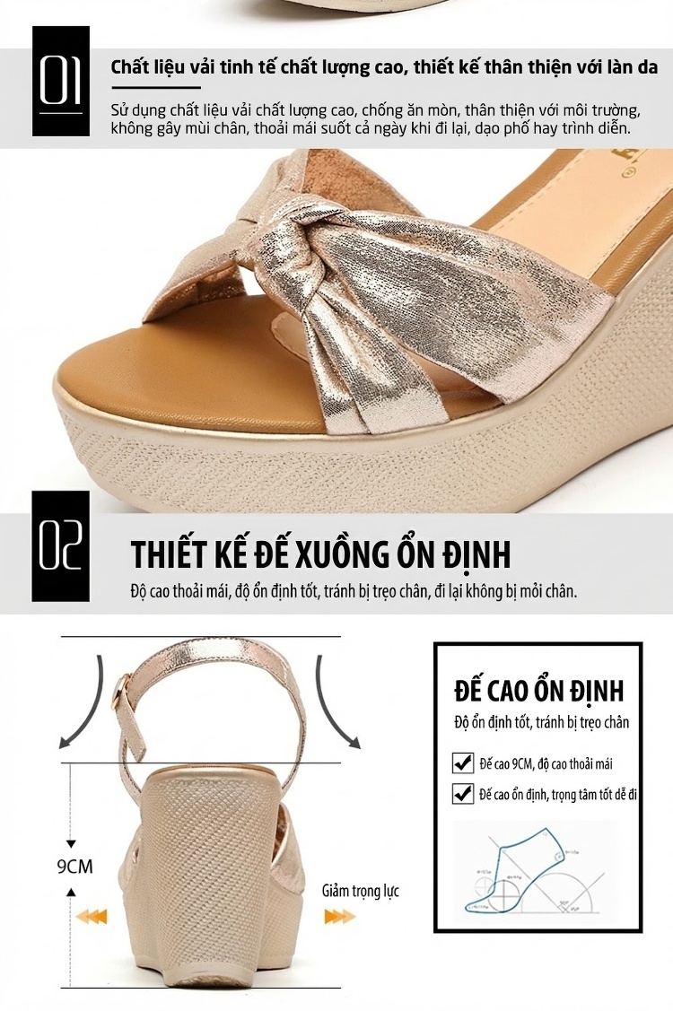 Giày Sandal Cao Gót Nữ Quai Chéo Nơ Bướm Đế Xuồng Gót Cao 8cm Màu Vàng Gold, Đen chi tiết 4