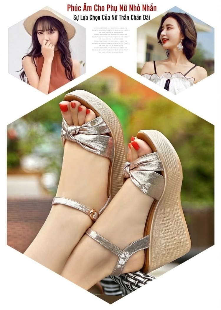 Giày Sandal Cao Gót Nữ Quai Chéo Nơ Bướm Đế Xuồng Gót Cao 8cm Màu Vàng Gold, Đen chi tiết 1