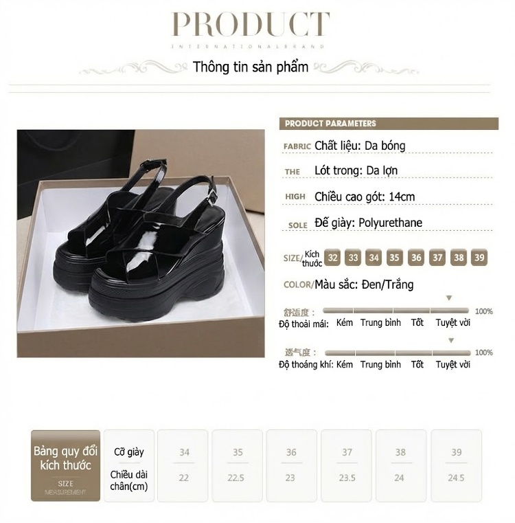 Giày Sandal Cao Gót Nữ Đế Xuồng Quai Chữ X Da Bóng Gót Cao 14cm Màu Đen, Trắng chi tiết 2