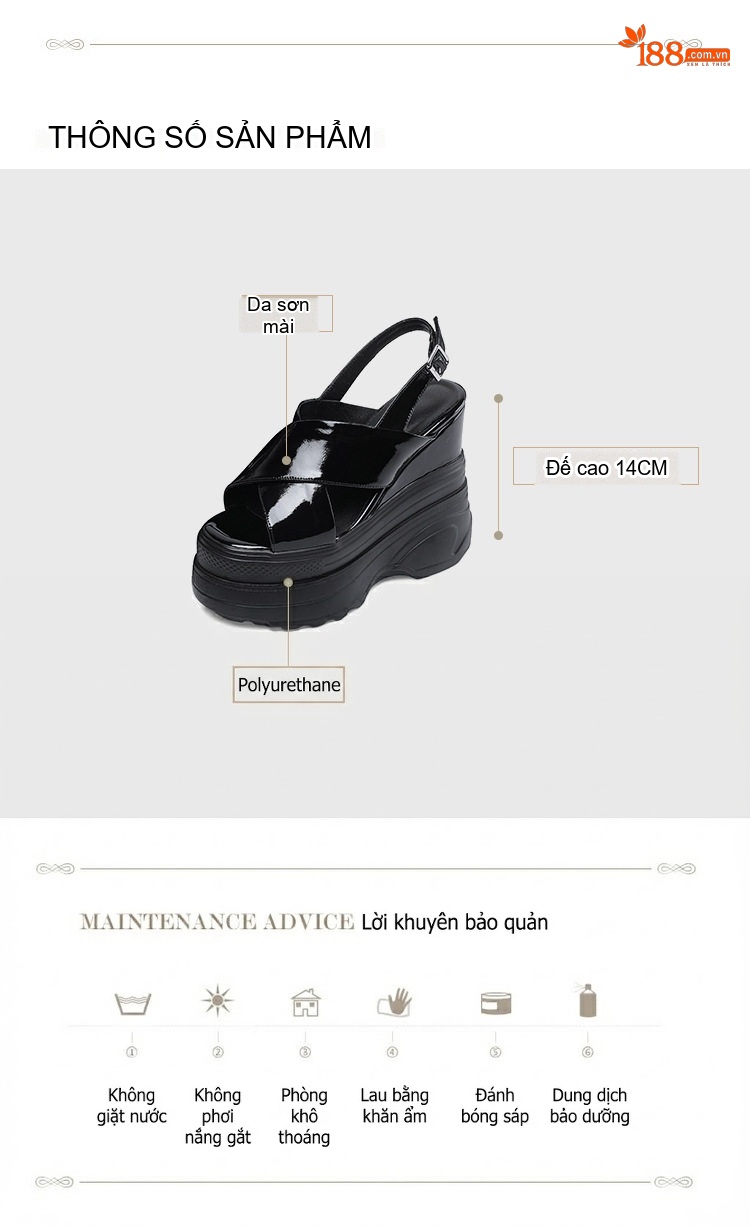 Giày Sandal Cao Gót Nữ Đế Xuồng Quai Chữ X Da Bóng Gót Cao 14cm Màu Đen, Trắng chi tiết 4