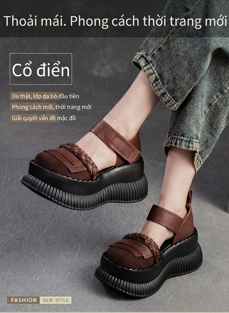 Dép Sandal Nữ Bít Mũi Quai Dán Đế Xuồng Đế Cao 4cm - 5cm Màu Đen, Nâu chi tiết 1