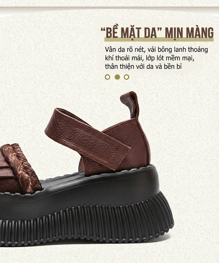 Dép Sandal Nữ Bít Mũi Quai Dán Đế Xuồng Đế Cao 4cm - 5cm Màu Đen, Nâu chi tiết 2