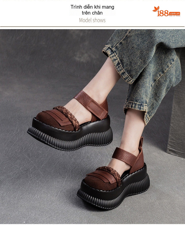 Dép Sandal Nữ Bít Mũi Quai Dán Đế Xuồng Đế Cao 4cm - 5cm Màu Đen, Nâu chi tiết 6