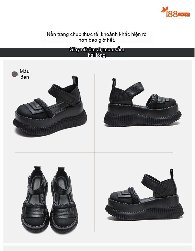 Dép Sandal Nữ Bít Mũi Quai Dán Đế Xuồng Đế Cao 4cm - 5cm Màu Đen, Nâu chi tiết 15