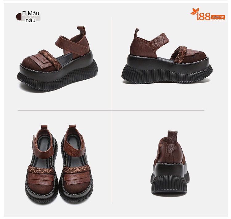 Dép Sandal Nữ Bít Mũi Quai Dán Đế Xuồng Đế Cao 4cm - 5cm Màu Đen, Nâu chi tiết 16