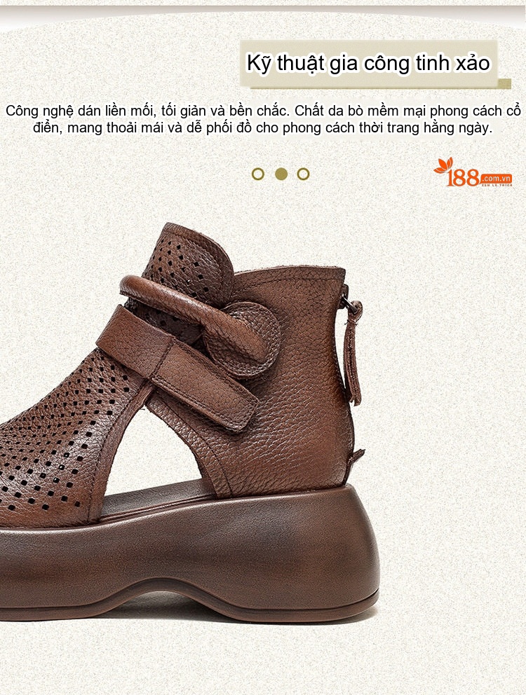 Dép Sandal Nữ Hở Ngón Đế Xuồng Quai Dán Thoáng Khí Đế Cao 4cm - 5cm Màu Nâu, Kem, Đen chi tiết 3