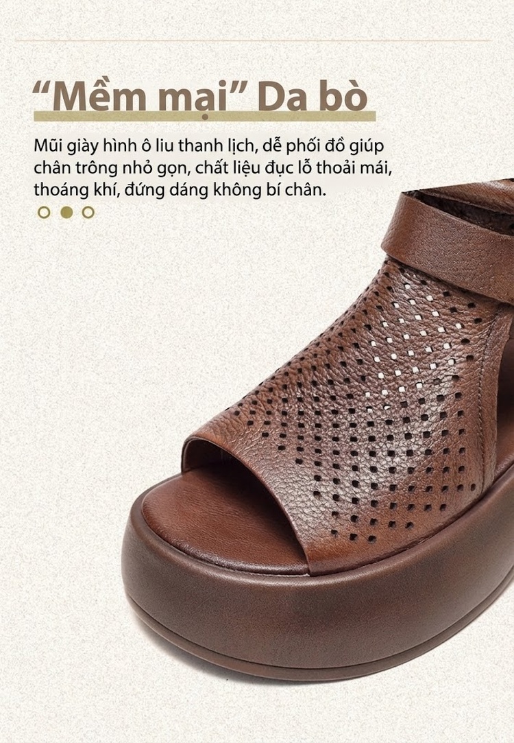 Dép Sandal Nữ Hở Ngón Đế Xuồng Quai Dán Thoáng Khí Đế Cao 4cm - 5cm Màu Nâu, Kem, Đen chi tiết 4