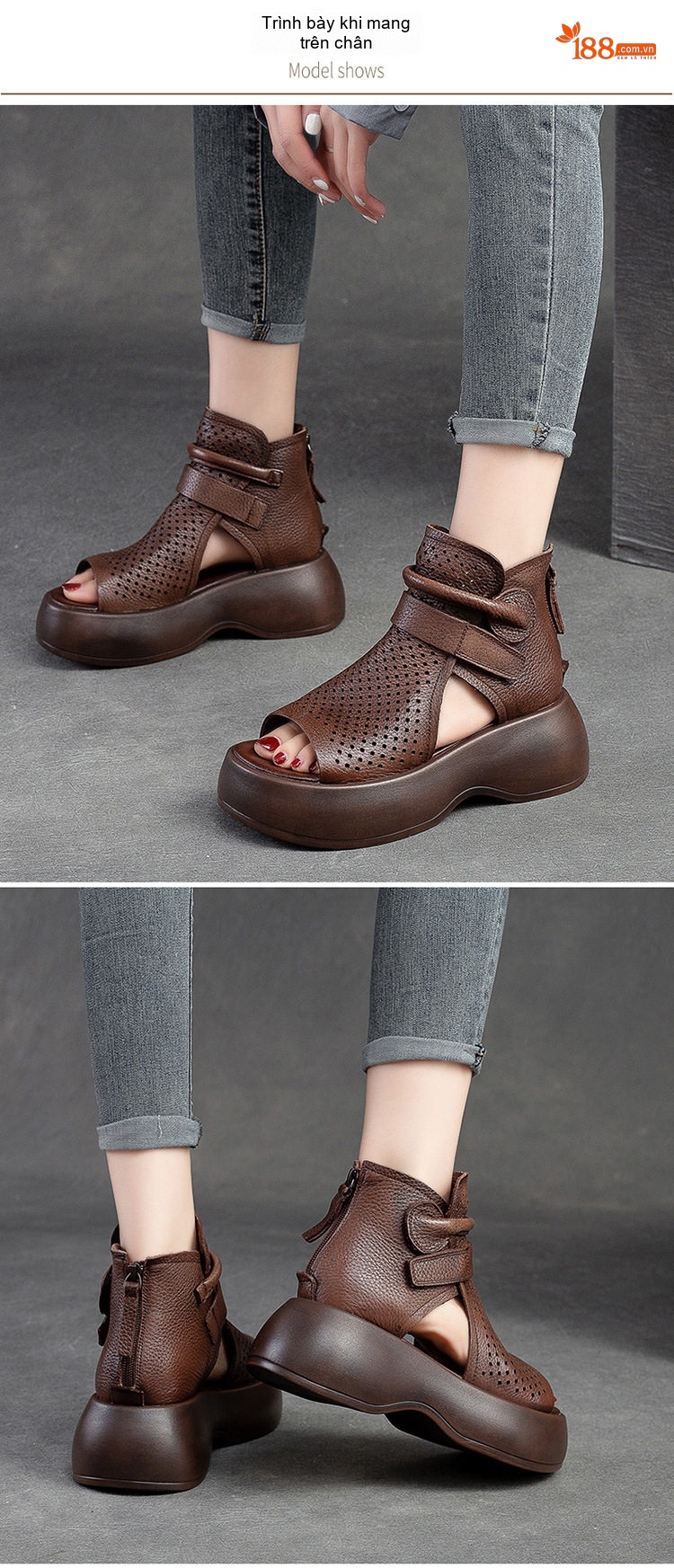 Dép Sandal Nữ Hở Ngón Đế Xuồng Quai Dán Thoáng Khí Đế Cao 4cm - 5cm Màu Nâu, Kem, Đen chi tiết 8