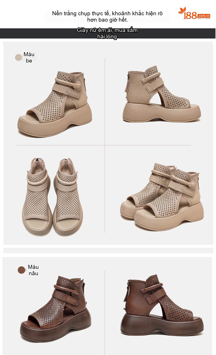 Dép Sandal Nữ Hở Ngón Đế Xuồng Quai Dán Thoáng Khí Đế Cao 4cm - 5cm Màu Nâu, Kem, Đen chi tiết 15