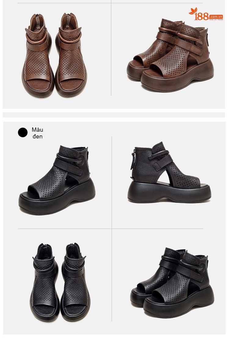 Dép Sandal Nữ Hở Ngón Đế Xuồng Quai Dán Thoáng Khí Đế Cao 4cm - 5cm Màu Nâu, Kem, Đen chi tiết 16