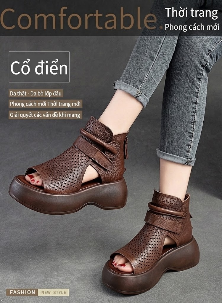 Dép Sandal Nữ Hở Ngón Đế Xuồng Quai Dán Thoáng Khí Đế Cao 4cm - 5cm Màu Nâu, Kem, Đen chi tiết 2
