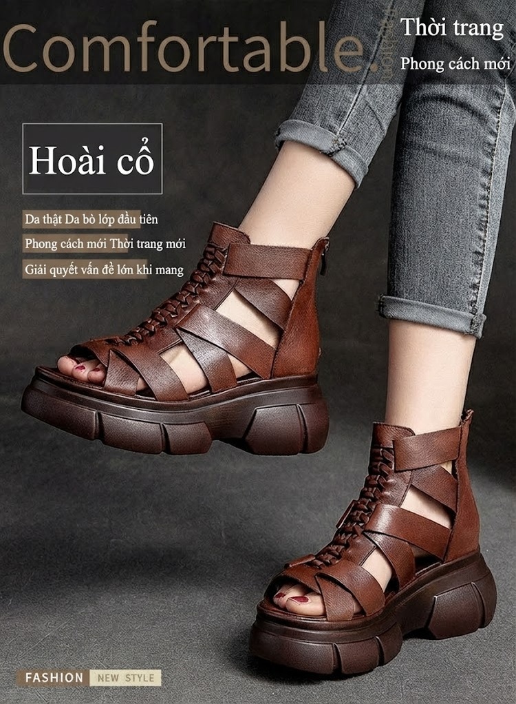 Dép Sandal Nữ Phong Cách La Mã Quai Hậu Khóa Kéo Đế Cao 5cm - 6cm Màu Nâu, Đen chi tiết 2