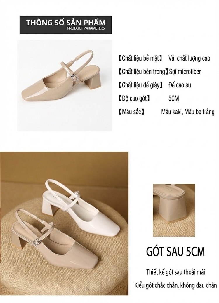 Giày Sandal Cao Gót Nữ Da Bóng Hở Gót Quai Hậu Gót Vuông Gót Cao 5cm - 6cm Màu Kem chi tiết 2