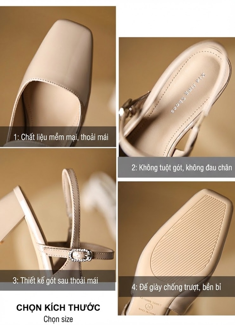 Giày Sandal Cao Gót Nữ Da Bóng Hở Gót Quai Hậu Gót Vuông Gót Cao 5cm - 6cm Màu Kem chi tiết 3