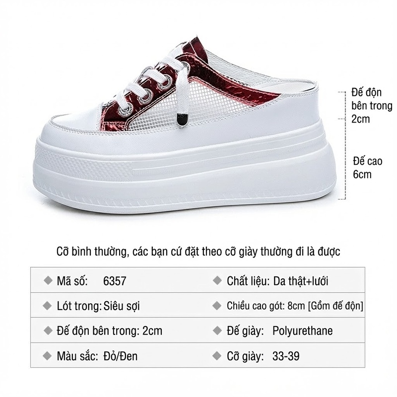Dép Sục Nữ Da Thật Lưới Thoáng Khí Đế Cao 8cm Màu Đỏ, Đen