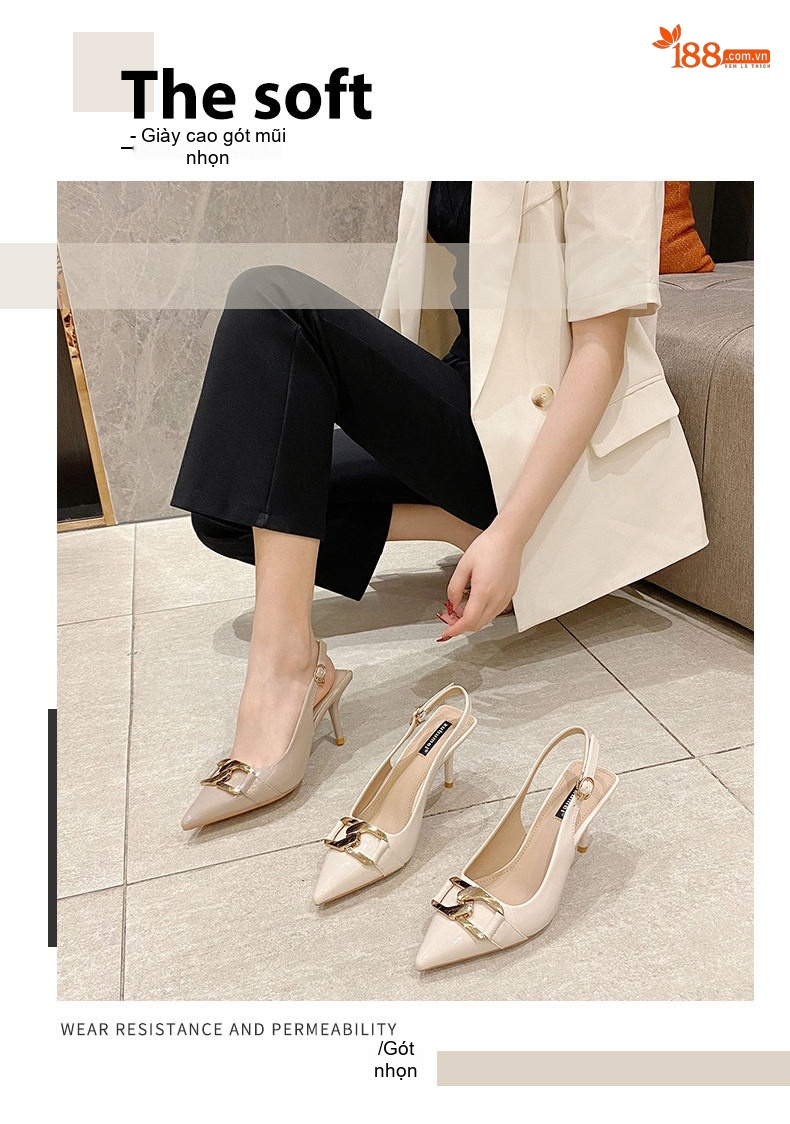 Giày Sandal Cao Gót Nữ Hở Gót Mũi Nhọn Da Bóng Gót Cao 7cm - 8cm Màu Kem chi tiết 2
