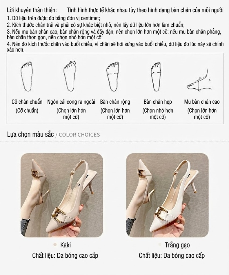 Giày Sandal Cao Gót Nữ Hở Gót Mũi Nhọn Da Bóng Gót Cao 7cm - 8cm Màu Kem chi tiết 4