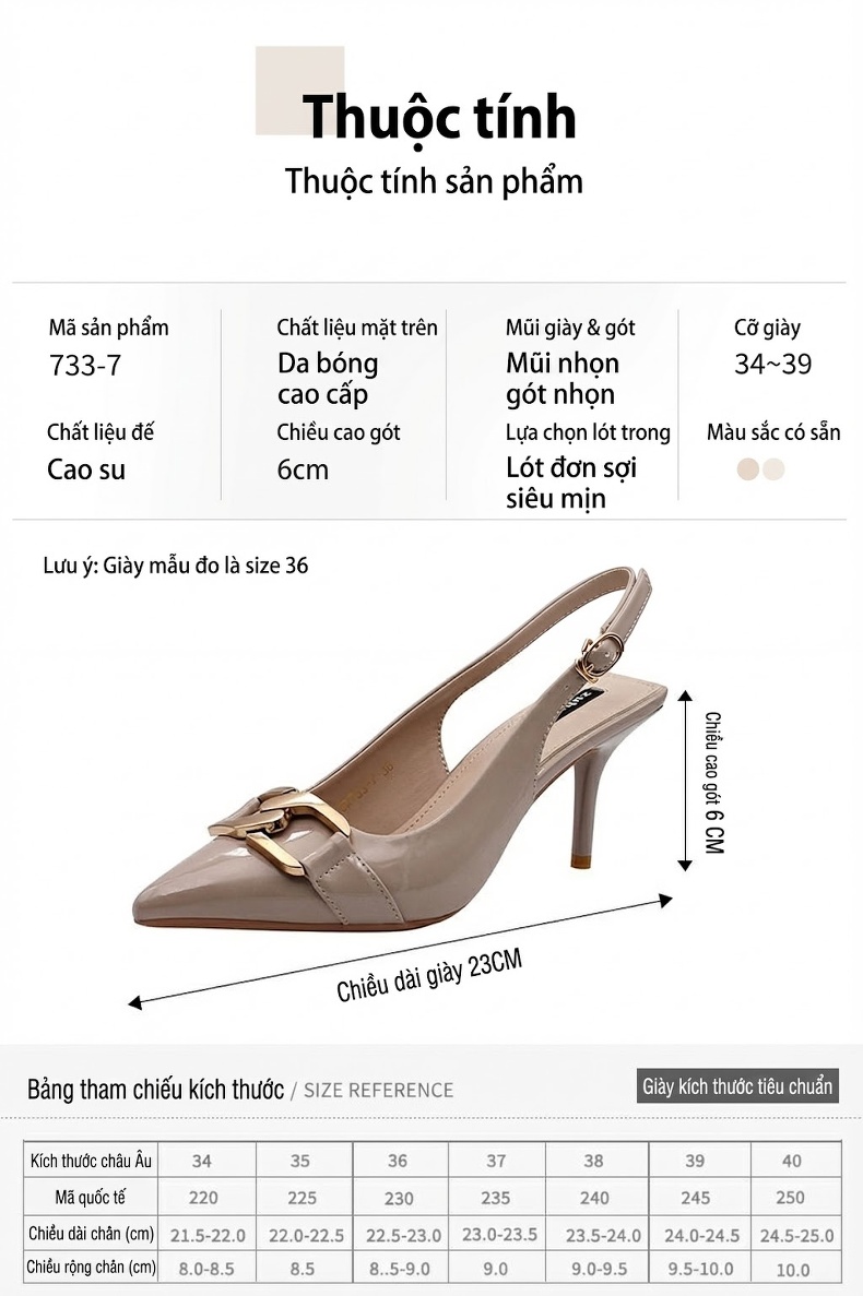 Giày Sandal Cao Gót Nữ Hở Gót Mũi Nhọn Da Bóng Gót Cao 7cm - 8cm Màu Kem chi tiết 3