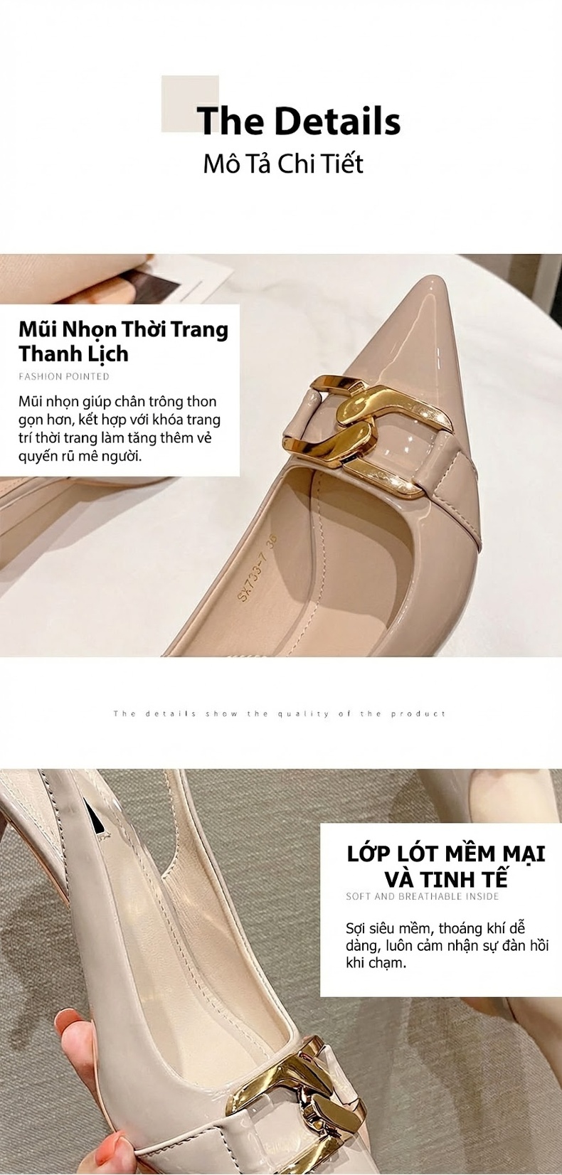 Giày Sandal Cao Gót Nữ Hở Gót Mũi Nhọn Da Bóng Gót Cao 7cm - 8cm Màu Kem chi tiết 5