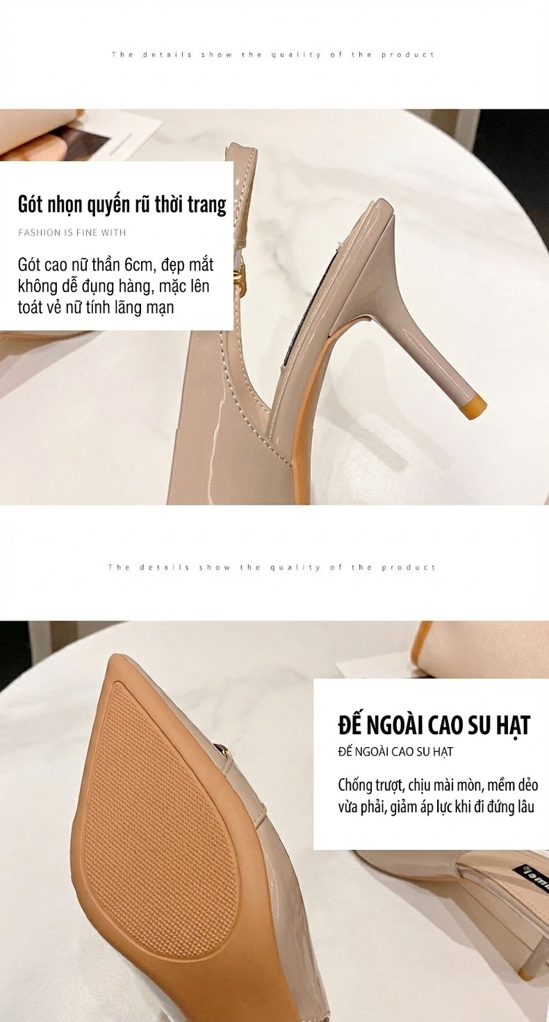 Giày Sandal Cao Gót Nữ Hở Gót Mũi Nhọn Da Bóng Gót Cao 7cm - 8cm Màu Kem chi tiết 6