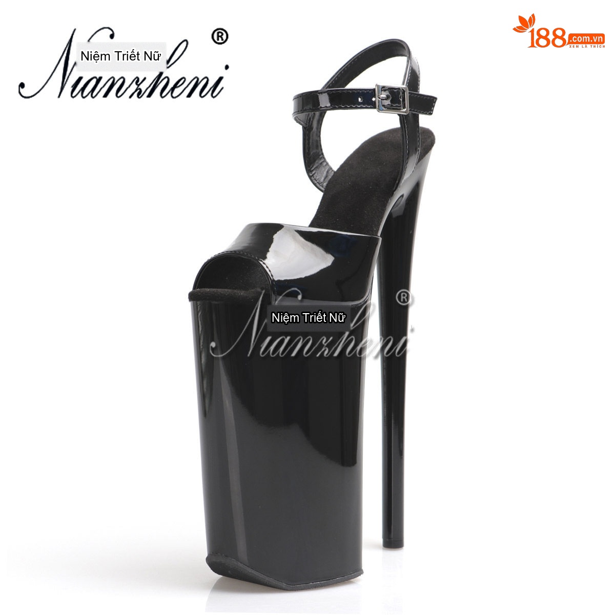 Giày Sandal Cao Gót Nữ Hở Mũi Quai Cài Da Bóng Gót Cao 10cm - 12cm Màu Đen