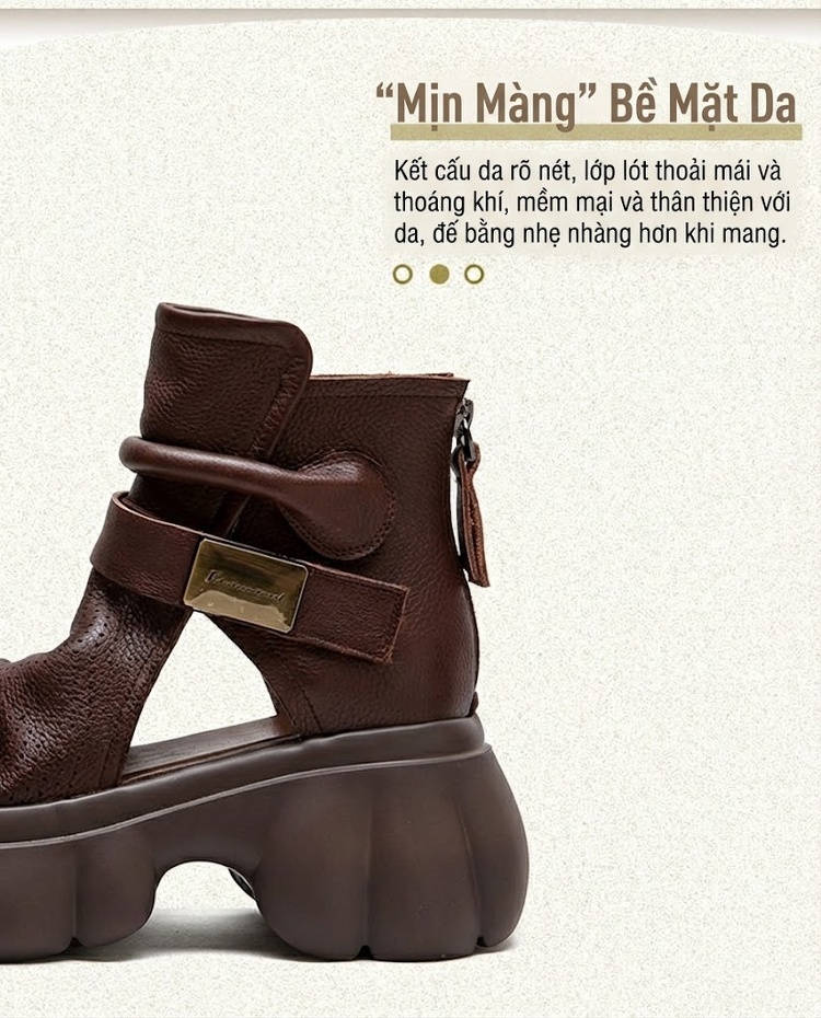 Dép Sandal Nữ Boot Hở Mũi Da Mềm Đế Cao 4cm - 5cm Màu Đen, Kem, Nâu chi tiết 3