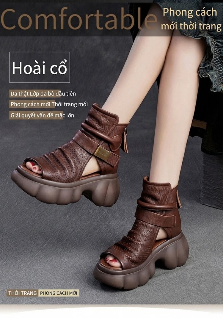 Dép Sandal Nữ Boot Hở Mũi Da Mềm Đế Cao 4cm - 5cm Màu Đen, Kem, Nâu chi tiết 2