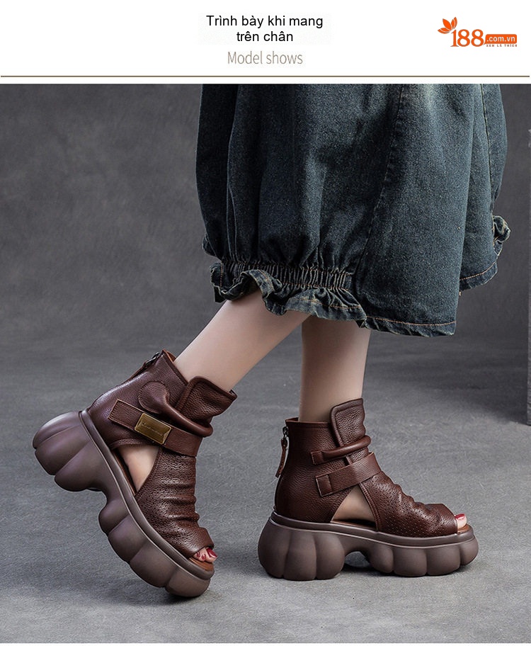 Dép Sandal Nữ Boot Hở Mũi Da Mềm Đế Cao 4cm - 5cm Màu Đen, Kem, Nâu chi tiết 8