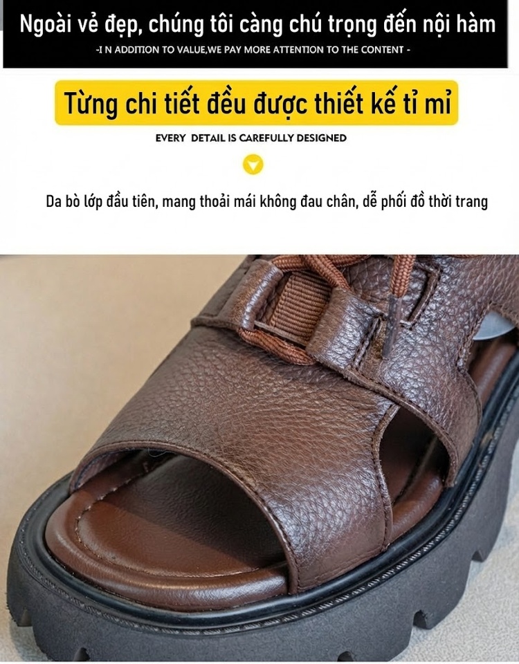 Dép Sandal Nữ Hở Mũi Da Thật Quai Dây Đế Cao 5cm - 6cm Màu Đen, Nâu chi tiết 15