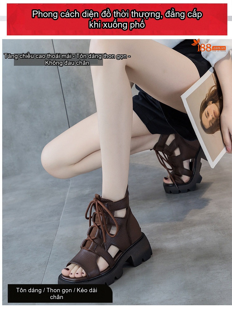 Dép Sandal Nữ Hở Mũi Da Thật Quai Dây Đế Cao 5cm - 6cm Màu Đen, Nâu chi tiết 11