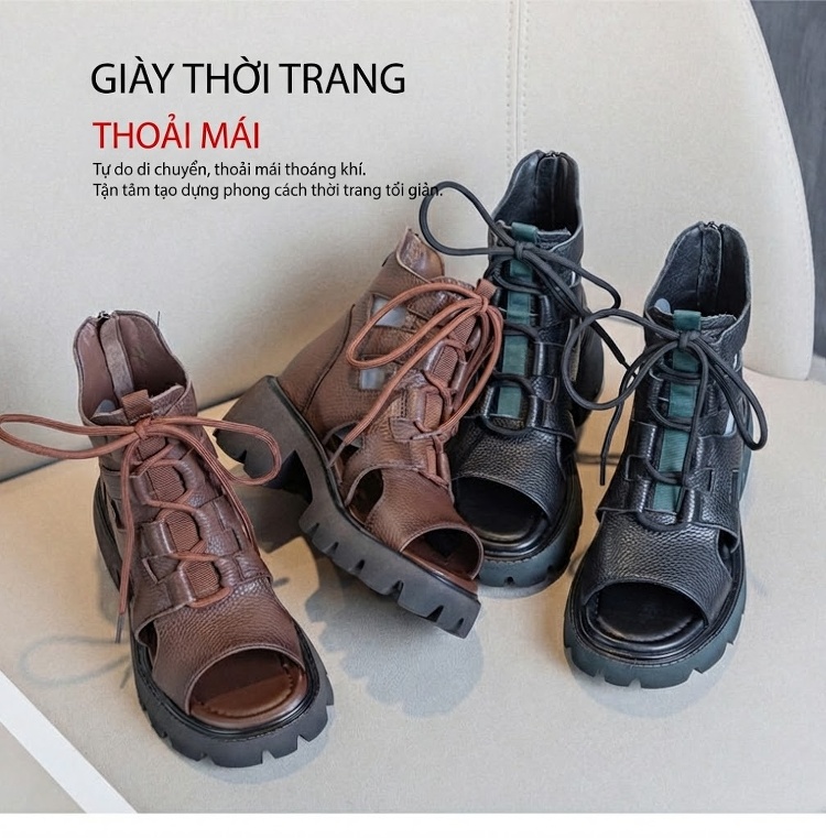 Dép Sandal Nữ Hở Mũi Da Thật Quai Dây Đế Cao 5cm - 6cm Màu Đen, Nâu chi tiết 19