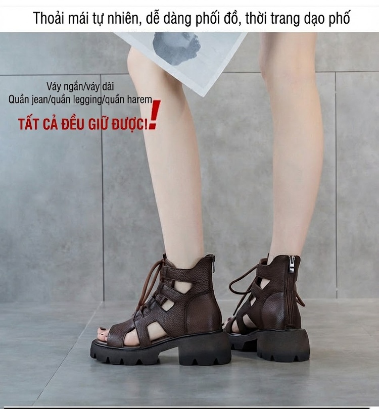 Dép Sandal Nữ Hở Mũi Da Thật Quai Dây Đế Cao 5cm - 6cm Màu Đen, Nâu chi tiết 14