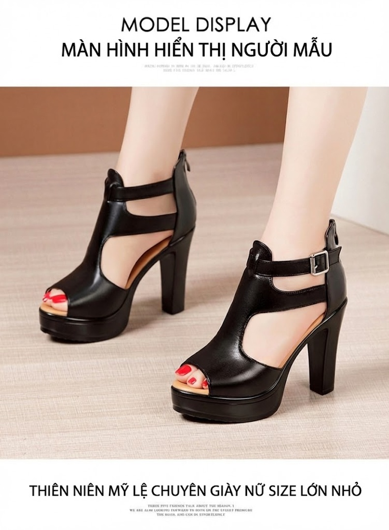 Giày Sandal Cao Gót Nữ Hở Ngón Quai Cài Da Bóng Gót Cao 10cm Màu Đen, Trắng, Đỏ chi tiết 10